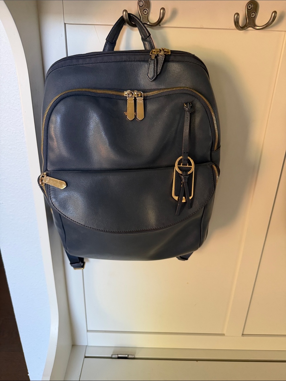 Tumi Navy Leather Backpack with Gold-Tone Hardware